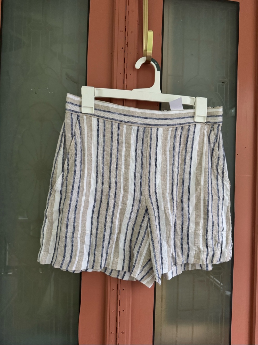 Banana Republic Striped Linen-Blend Shorts in White, Blue & Tan